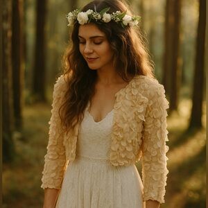 BHLDN Va et Vien 100%Silk Bolero Jacket top beige neutral floral appliqué medium